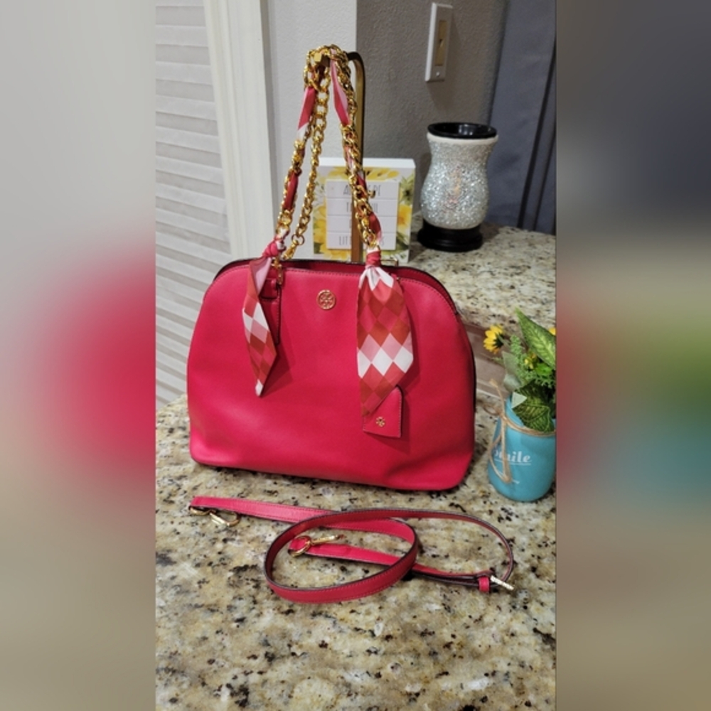 Dazzling Red Tory Burch Purse with Silky Red Colorway Scarf And Gold Accents